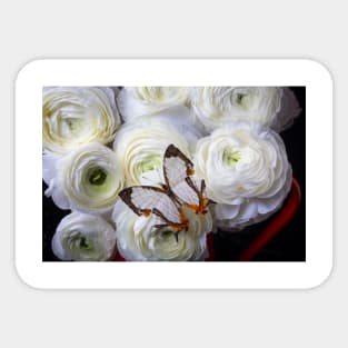 Exotic White Butterfly On With Ranunculus Flowers Sticker
